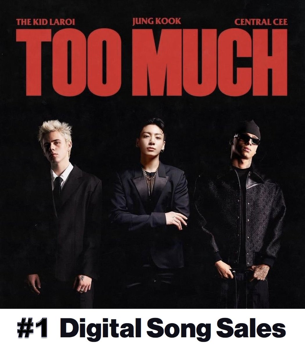WORLDMUSICAWARD's tweet photo. #Toomuch by #thekidlaroi, #JungKook and #CentralCee debuts at #1 on this week's Digital Song Sales chart! 💪💥🥇🇺🇸🎧🎶💰📈🔥👑👑👑💚💜🖤 https://t.co/i9X45RXLXZ