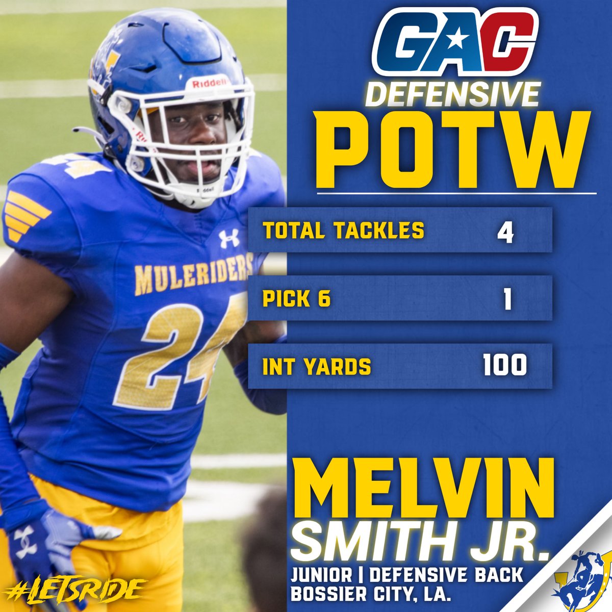 👏💪💥 Congrats to Mulerider Football junior defensive back Melvin Smith Jr. on being named #theGAC Defensive Player of the Week‼️ #GoMuleriders #LetsRide