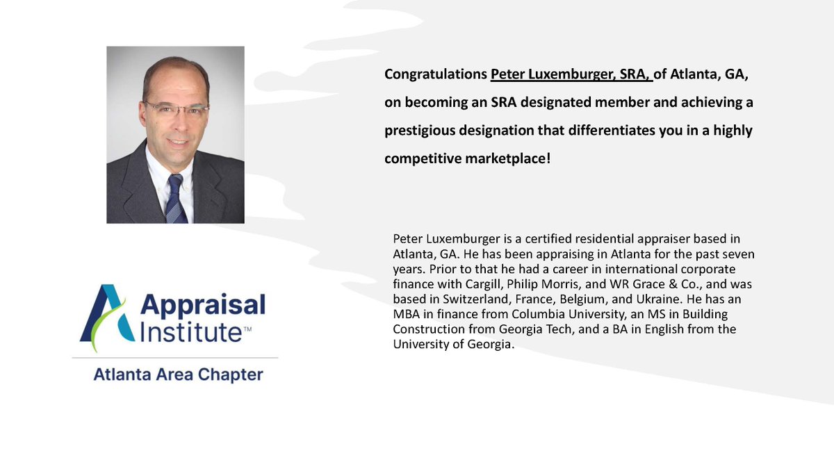 We are thrilled to announce that Peter Luxemburger, SRA, of Atlanta, GA has achieved the highly esteemed SRA designation, setting him apart in a competitive marketplace. This accomplishment is a testament to Peter's dedication and expertise in the field. Congratulations Peter!