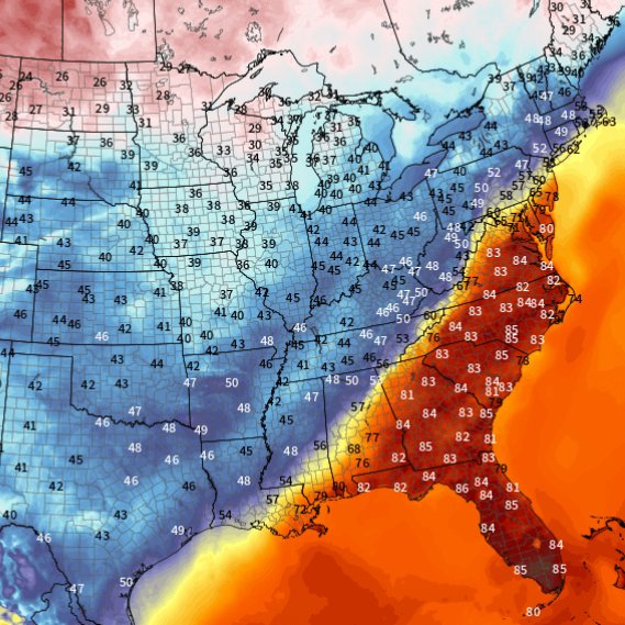 tropicalupdate's tweet image. Monday afternoon temps. Can you spot the cold front? spaghettimodels.com