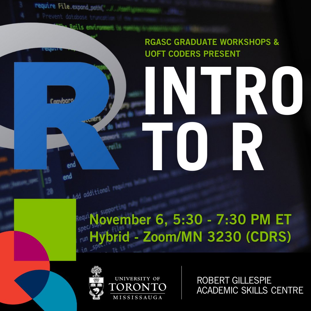 RGASC_UTM's tweet image. Attention #uoftmississauga graduate student data analysts and coders. Join us for an Introduction to R! This lesson will  a code-along format suitable for new coders or those needing refreshers.

Register at uoft.me/graduateworksh…

📅 Nov. 6, 5:30 - 7:30 PM ET
🏢 MN3230/ Zoom