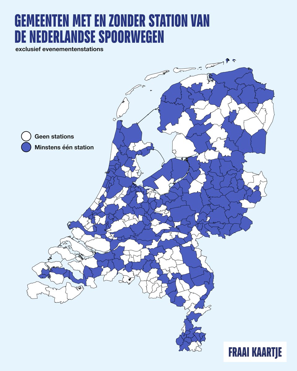 Het is weer tijd voor een Fraai Kaartje. Of een aantal Fraaie Kaartjes, om eerlijk te zijn. Deze keer keek ik naar de stationsdichtheid per gemeente. Met bijna vierhonderd treinstations mogen we ons rijk rekenen, maar je kunt lang niet in elke gemeente op de trein stappen. 🌎👇🏼