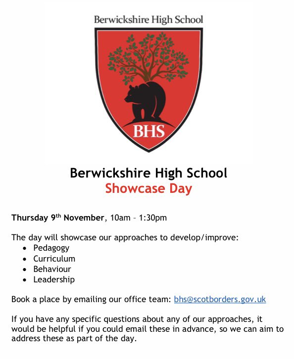 In their 2021 visit to Berwickshire High School, inspectors reported that: ‘The quality and consistency of learning, teaching &amp; assessment have improved considerably’.

Interested in our approaches to professional learning and more? Come and join our Showcase Day on 9th November.