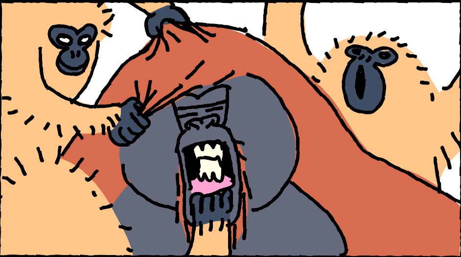 old drawing of gibbons annoying an orangutan