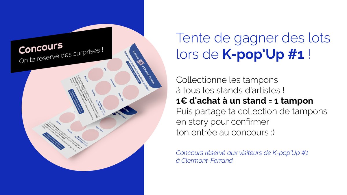 KpopUpFr's tweet photo. Nous vous avons préparé un petit jeu pour demain 🫰
Collectionne les tampons à tous les stands de nos artistes et tente de gagner des lots ! ✨

K-pop'Up! #1 à #ClermontFerrand, les 3 et 4 novembre 2023 💙
Plus d'infos sur https://t.co/u06X31Pbhm 🩷 https://t.co/ebuaMbnVfx