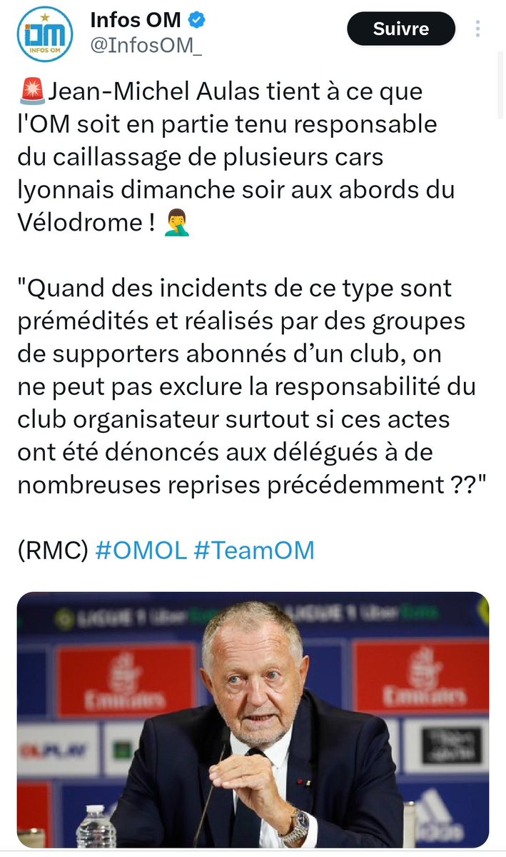 Bizarre <a href="/JM_Aulas/">Jean-Michel AULAS</a>, quand les lanceurs de projectiles étaient dans l'enceinte du Groupama Stadium c'était des actes isolés qui n'impliquaient pas la responsabilité de l'OL et là, des lanceurs de projectiles sur le boulevard Romain Rolland doivent impliquer celle de l'OM.
Hum hum.