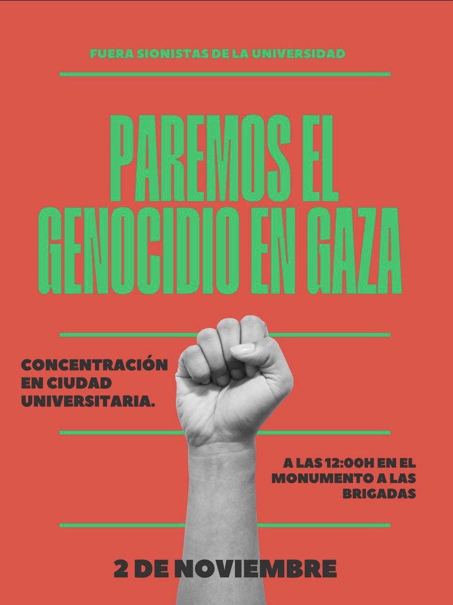 Las estudiantes continuamos organizándonos en solidaridad con Palestina y plantando cara al ente sionista ✊🏾 🇵🇸

📅 Jueves 2 a las 12:00h
📌 Monumento a las Brigadas Internacionales (frente a la boca de <M> Ciudad Universitaria)