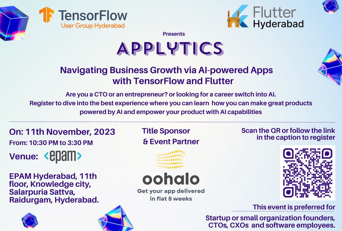 TensorFlow User Group Hyderabad (@tfughyd) on Twitter photo Mark your calendars Hyderabad
Register here: forms.gle/GeVndDw6cVhqgU…
<a href="/HydTechEvents/">Hyderabad Tech Events</a>
<a href="/oohalotech/">oohalo</a> <a href="/flutter_hyd/">Flutter Hyderabad</a> <a href="/EPAM_India/">EPAM India</a> Mark your calendars Hyderabad
Register here: forms.gle/GeVndDw6cVhqgU…
<a href="/HydTechEvents/">Hyderabad Tech Events</a>
<a href="/oohalotech/">oohalo</a> <a href="/flutter_hyd/">Flutter Hyderabad</a> <a href="/EPAM_India/">EPAM India</a>