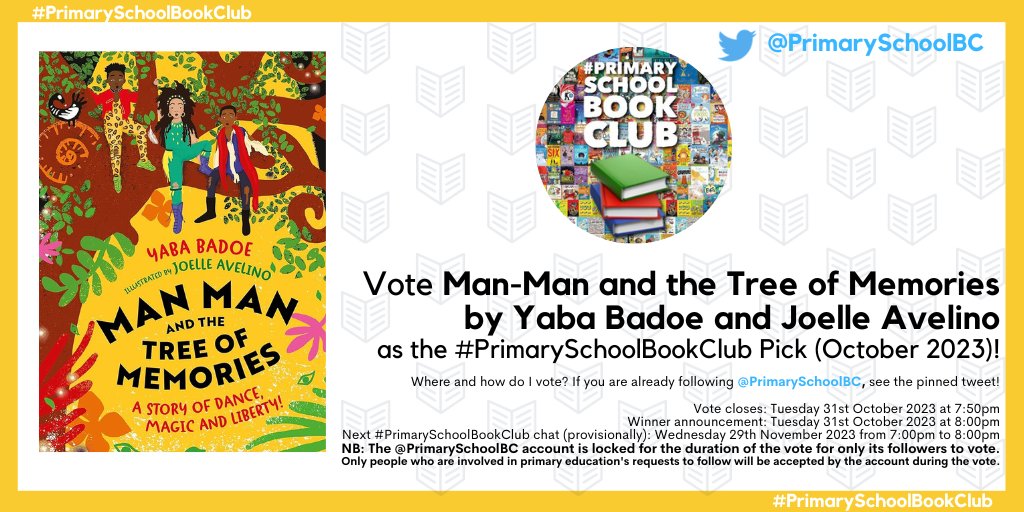 Vote for us! We're thrilled that Man-Man and the Tree of Memories has been included in the #PrimarySchoolBookClub October 2023 vote this evening. Head to @PrimarySchoolBC
 and vote for it using the pinned tweet!