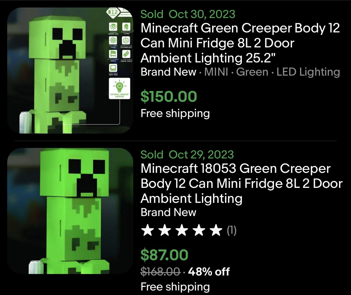 Price Errors on X: $113 off Minecraft Creeper Mini Fridge Normally retails  for $168 but on sale at Walmart now for only $55. Resells on  around  $100, also risk free because