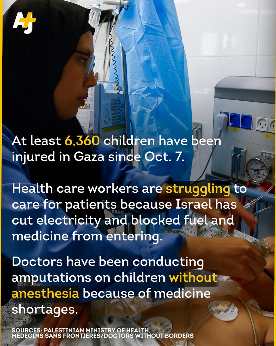 ajplus's tweet photo. At least 6,360 children have been injured in Gaza since Oct. 7.

Health care workers are struggling to care for patients because Israel has cut electricity and blocked fuel and medicine from entering. https://t.co/LQlPH1x1Kt