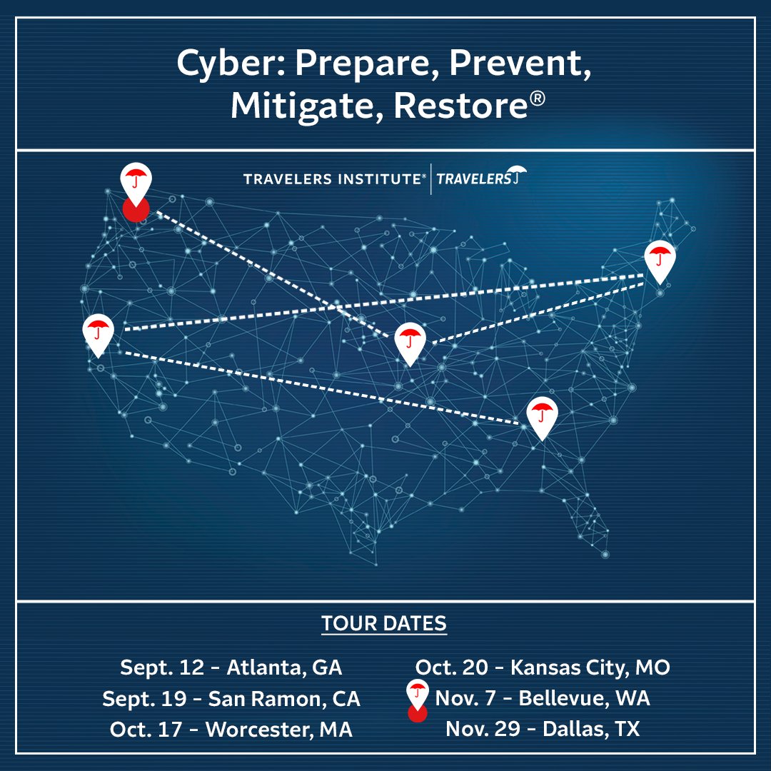 Want to help your organization stay one step ahead of cyber threats? Join us at the #TravelersInstitute Cyber: Prepare, Prevent, Mitigate, Restore® tour stop in Bellevue, Washington on Nov. 7. 📣 Register now: travl.rs/49gvQAn #Cyber