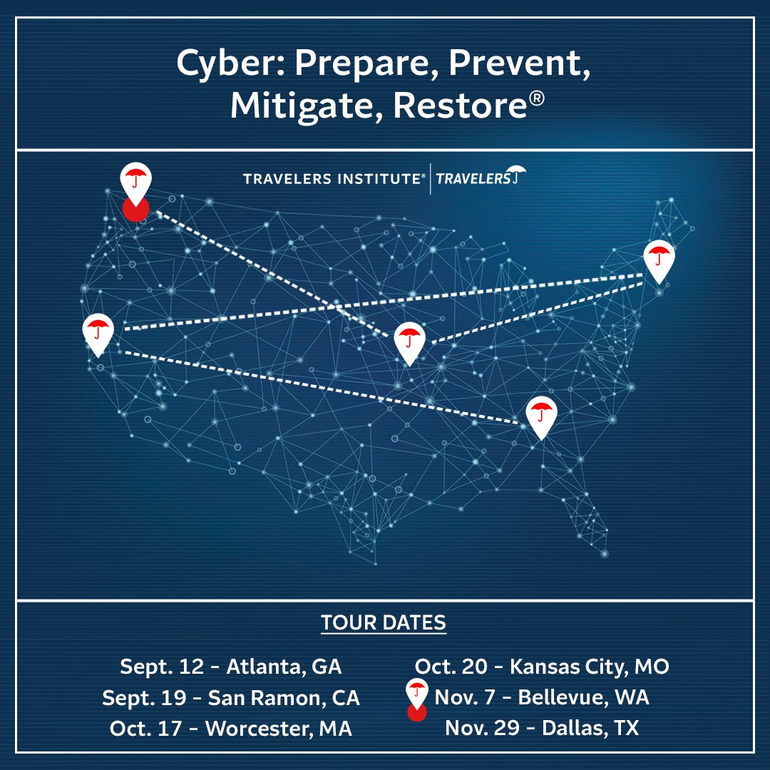 Want to help your organization stay one step ahead of cyber threats? Join us at the #TravelersInstitute Cyber: Prepare, Prevent, Mitigate, Restore® tour stop in Bellevue, Washington on Nov. 7.

📣 Register now: travl.rs/49gvQAn #Cyber