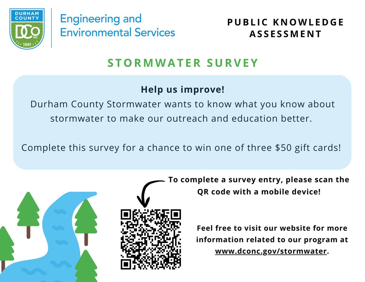 DurhamCounty's tweet photo. SURVEY ENDS 10/31 - Durham County Stormwater has received many responses to our survey about your stormwater knowledge! But we need more! All responses will be submitted for a chance to win a $50 gift card! 

Click: https://t.co/cYNepxVCFg … or scan QR code for survey. https://t.co/pQEFRAp6CL