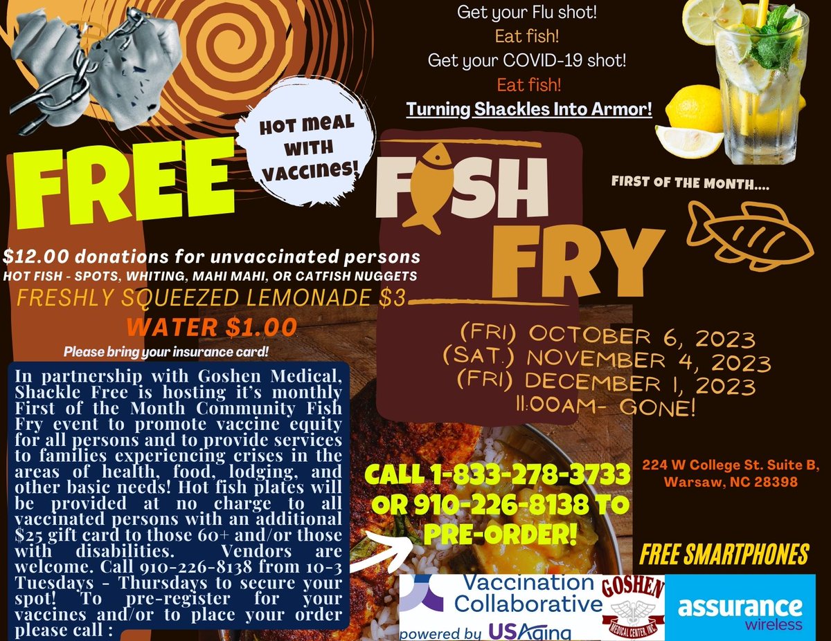 ShackleFree3's tweet image. FREE!
HOT!
FISH!
Pre-order or come join us for fun, music, and more this Saturday following Warsaw's Veteran's Day Parade.
$25 gift cards to those who qualify.
#shacklefree #fishfry #free #hot #veterans