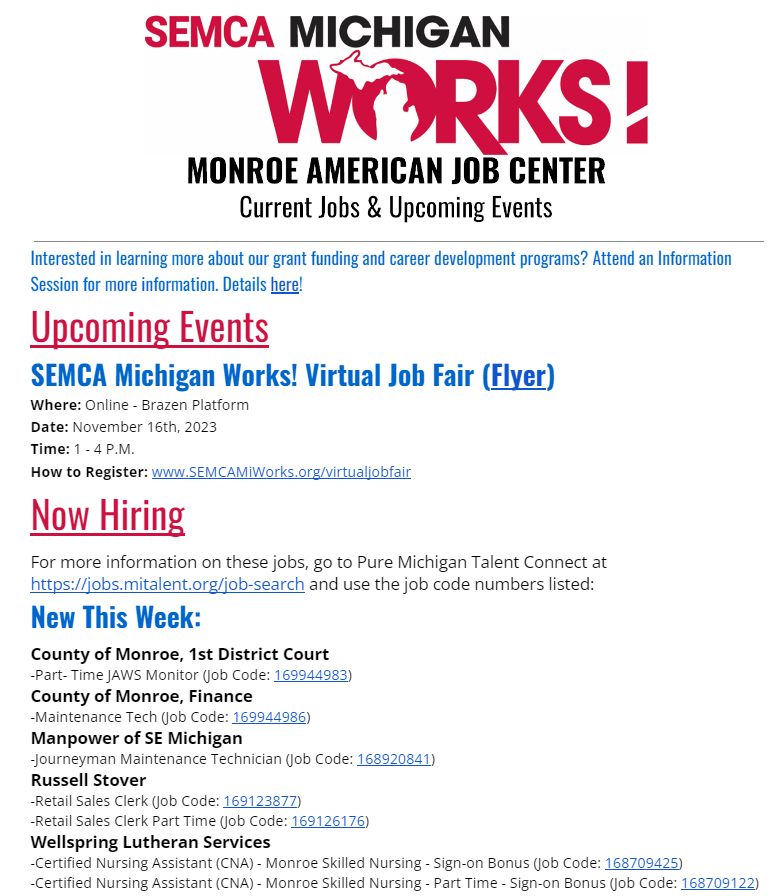 MonroeMIWorks's tweet photo. Now hiring! These Monroe County businesses are ready to hire now! Click https://t.co/wGnX4uGT8N to view the full listing.

Hiring and want to be included in our FREE newsletter? Contact us at 734-240-7950!

#NowHiring #MICorner #Monroe #MonroeMI https://t.co/k1IrByRhv5