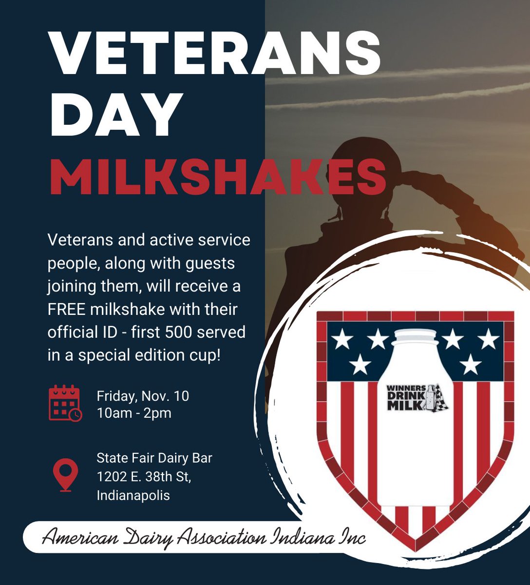 This Veterans Day Weekend, Indiana Dairy Farmers & @INDairy are saying 'thank you!' to veterans & active-duty military personnel with a sweet treat. 🗓️ 11/10 @ 10am - 2pm 📍 @IndyStateFair Dairy Bar 🍦 Free milkshakes with your official ID agrinovusindiana.com/2023/10/30/ind…