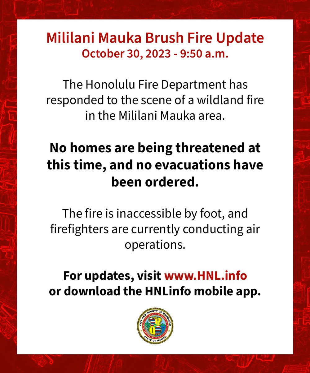 Firefighters have responded to a brush fire burning in the Mililani Mauka area. No homes are being threatened at this time, and no evacuations have been ordered. Sign up for emergency alerts at HNL.info to stay informed.