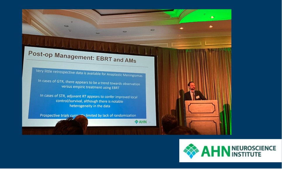 ahnneuroscience's tweet image. Dr. Matthew Shepard sharing his perspective on management considerations for atypical and anaplastic meningiomas at the International Radiosurgery Research Foundation Scientific Meeting 2023. #NSI #IRRF #IRRF23