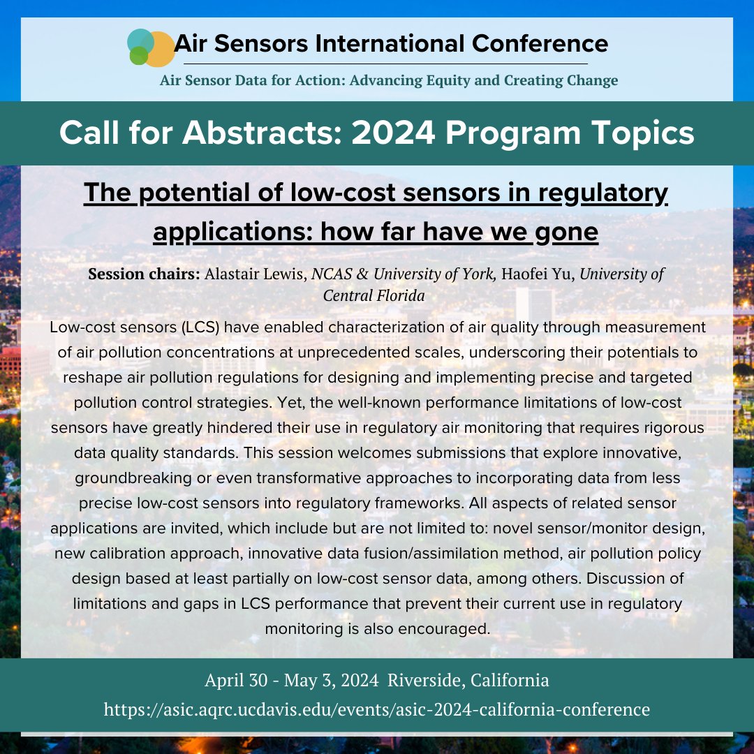 UCDavisAQRC's tweet photo. Check out the session topics for the 2024 Air Sensors International Conference! The deadline to submit abstracts has been extended to November 10th! Visit our website here for more information.
https://t.co/x2ospPv7s3

#airquality #california  #climatechange #emissions https://t.co/ZolIemf7iS