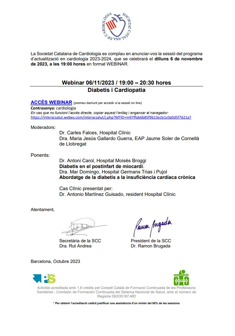 Societat Catalana de Cardiologia (@catcardio) on Twitter photo Dilluns que ve, 6/11, organitzem un webinar sobre la diabetis i la cardiopatia on es parlarà de:
🔴Dr. Toni Carol
Diabetis en el postinfart de miocardi
🔴Dr. <a href="/mardomingo10/">Mar Domingo</a>
Abordatge de la diabetis a la IC crònica
Cas Clínic
🔴Dr. Martínez Guisado
Accés: interacsalut.webex.com/interacsalut/j… Dilluns que ve, 6/11, organitzem un webinar sobre la diabetis i la cardiopatia on es parlarà de:
🔴Dr. Toni Carol
Diabetis en el postinfart de miocardi
🔴Dr. <a href="/mardomingo10/">Mar Domingo</a>
Abordatge de la diabetis a la IC crònica
Cas Clínic
🔴Dr. Martínez Guisado
Accés: interacsalut.webex.com/interacsalut/j…
