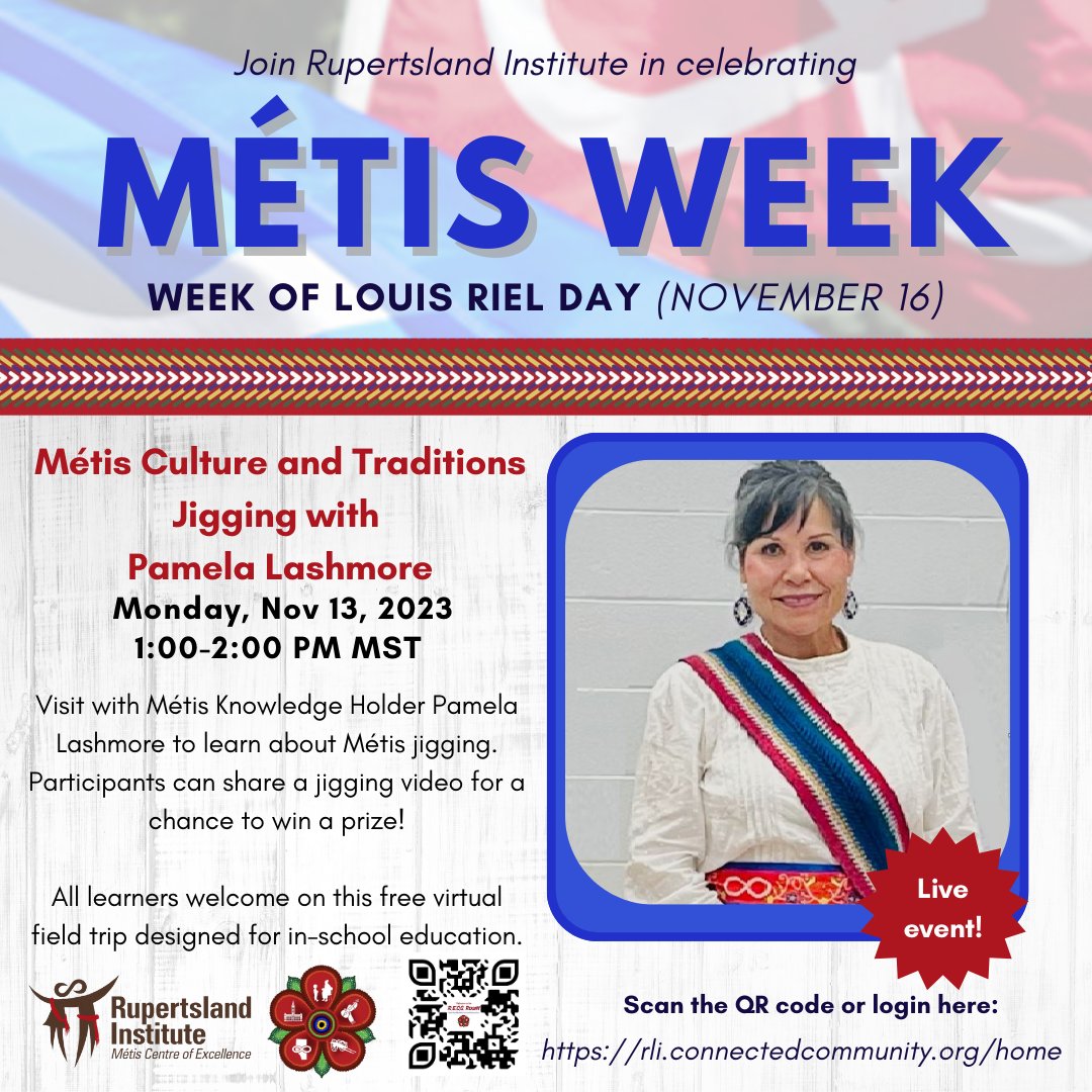 Celebrate Métis Week with RLI! All learners are welcome to join Pamela Lashmore for Métis Jigging in this free virtual field trip designed for in-school learning on Mon, Nov 13, 1-2pm MST. Register in the RECC Room: rli.connectedcommunity.org/home