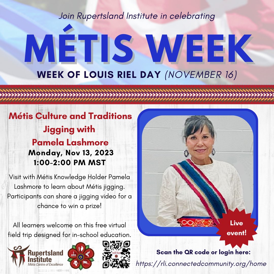 Celebrate Métis Week with RLI!  All learners are welcome to join Pamela Lashmore for Métis Jigging in this free virtual field trip designed for in-school learning on Mon, Nov 13, 1-2pm MST. Register in the RECC Room: rli.connectedcommunity.org/home