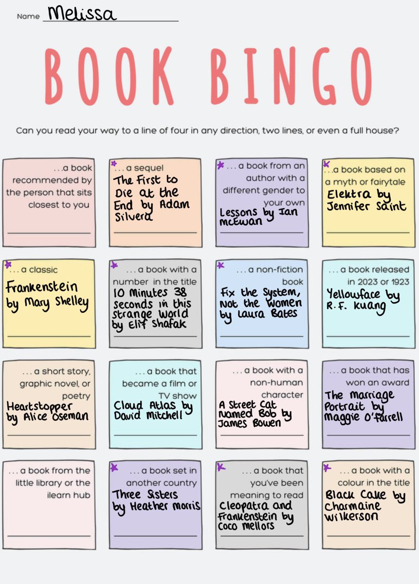 MrsMBowes's tweet photo. After our office’s October step challenge, I’m looking forward to November’s more sedentary well-being activity! Planned out most of my reads for book bingo already 🤓📚

#reading #bookworm https://t.co/FOw1JtdjFL