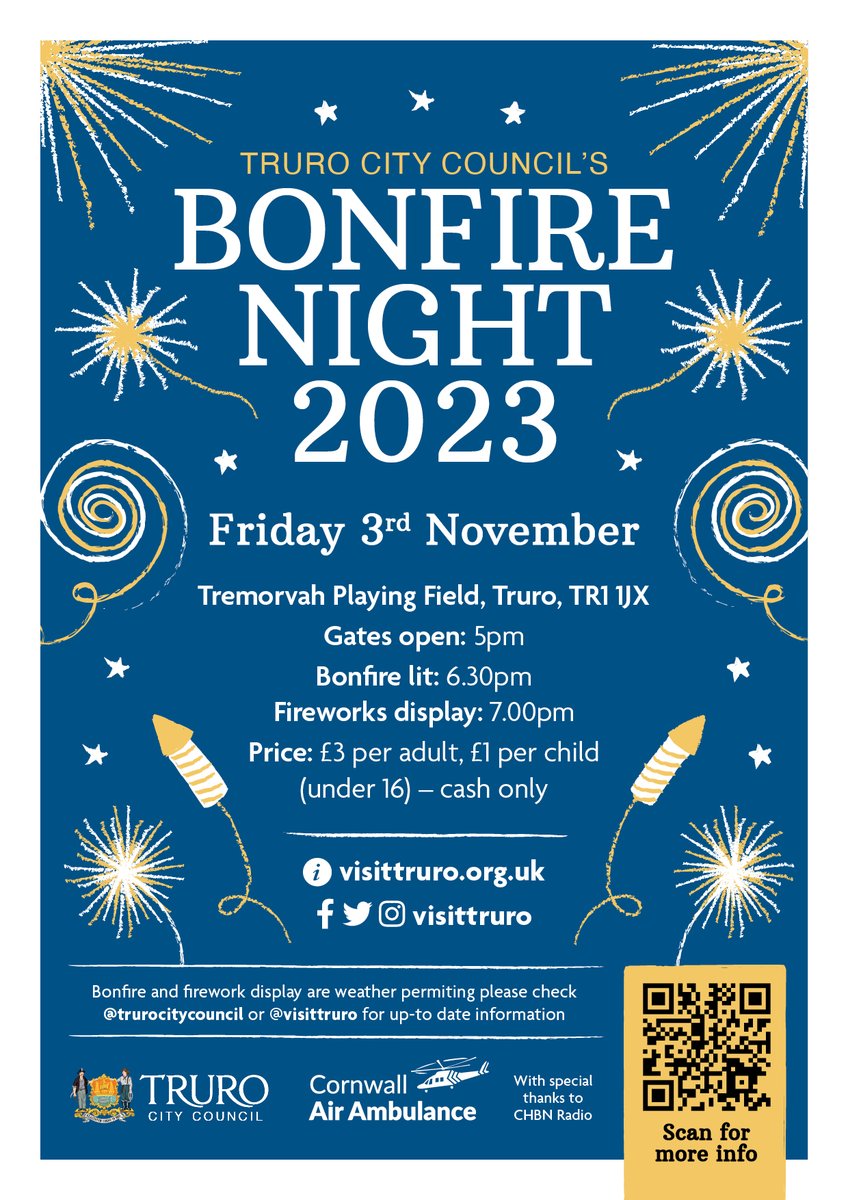 This Friday 3rd Nov we're really pleased to be supporting @TruroCouncil's Bonfire Night event at Tremorvah Playing Field. It's a great family event & also a fundraiser for the amazing @cornwallairamb charity. Come along & pop over to @CHBNRadio to say hi & get a tune played. 🎇📻