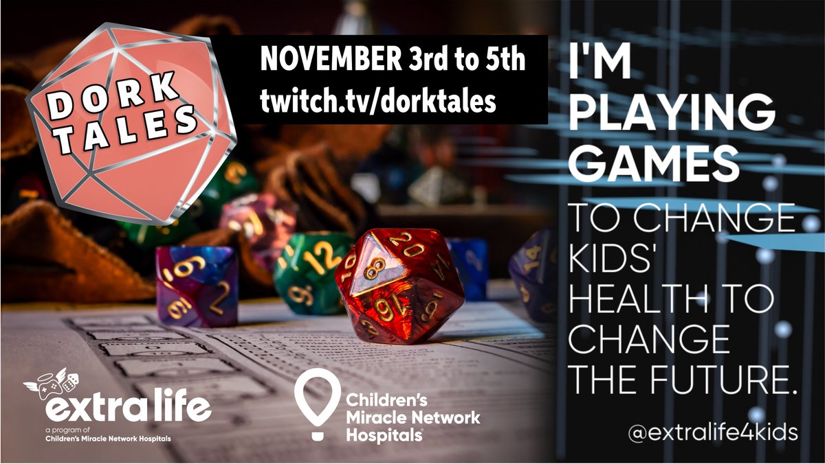 I'm playing some games and doing some #charity streams with <a href="/dork_tales/">Dork Tales (from the dorkest timeline)</a> this weekend! Watch all weekend or tune in 10:30 PM PST Nov 3rd and 6:30 PM PST Nov 4th to see some hijinks!

You can also donate to my fundraiser extra-life.org/participant/51… or watch on  twitch.tv/dorktales