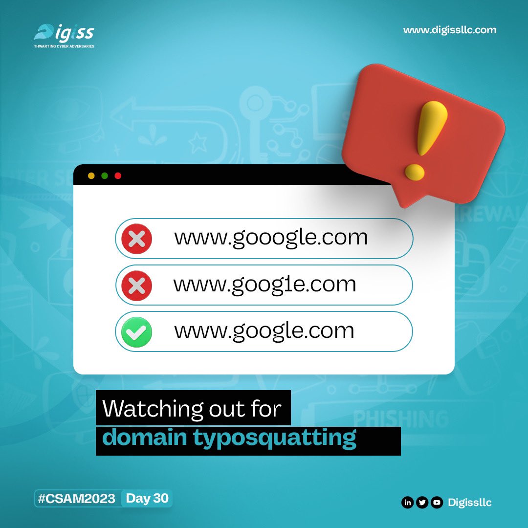 Digissllc's tweet image. Typosquatting is a type of cybercrime where criminals register domain names that are similar to popular websites, but with a typo. For example, instead of registering google.com, a typosquatter might register gooogle.com.
🧵
#CSAM23