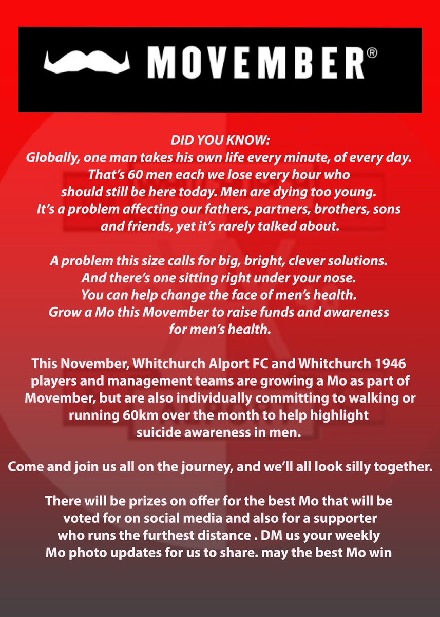 Whitchurch Alport Football Club (@alportfc) on Twitter photo MOVEMBER AT THE ALPORT
Both <a href="/alportfc/">Whitchurch Alport Football Club</a> and <a href="/whitchurch1946/">Whitchurch 1946 Football Team</a> players and staff are taking part in <a href="/MovemberUK/">Movember UK</a> in a few day’s time. We’re all growing a Mo, but more importantly taking part in 60km for 60, to highlight suicide awareness in men, which the <a href="/AlportWFC/">Whitchurch Alport FC Women</a> will join in with MOVEMBER AT THE ALPORT
Both <a href="/alportfc/">Whitchurch Alport Football Club</a> and <a href="/whitchurch1946/">Whitchurch 1946 Football Team</a> players and staff are taking part in <a href="/MovemberUK/">Movember UK</a> in a few day’s time. We’re all growing a Mo, but more importantly taking part in 60km for 60, to highlight suicide awareness in men, which the <a href="/AlportWFC/">Whitchurch Alport FC Women</a> will join in with