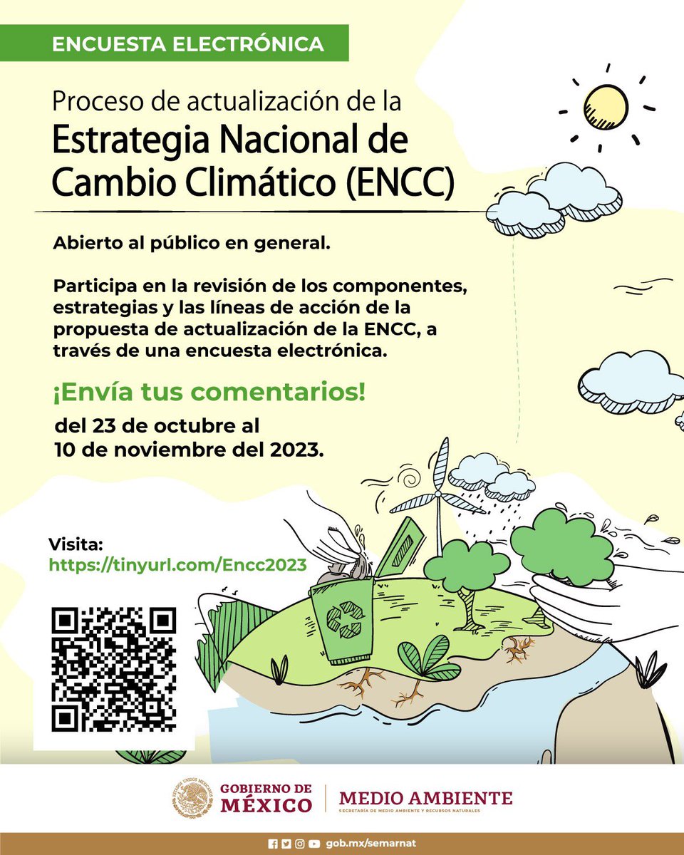 Participa en la Encuesta Electrónica sobre el Proceso de actualización de la Estrategia Nacional de Cambio Climático (#ENCC). 🌎🍃 ¡Envía tus comentarios! Hasta el 10 de noviembre del 2023. Visita ➡️ tinyurl.com/Encc2023