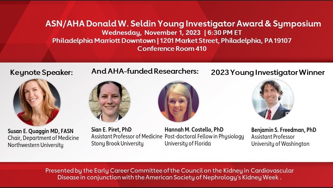 Are you ready for #KidneyWk? Do not forget to add to your schedule this **amazing symposium** highlighting the Donald W. Seldin Young investigator awardee @benofreedman and AHA-funded researchers @hannahmcostello and @SianPiret. To top it all @ASNKidney past pres @SusanQuaggin!