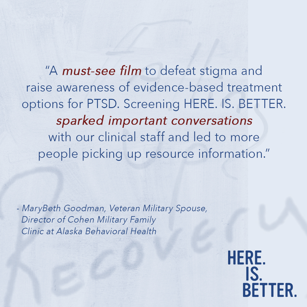 HereIsBetterDoc - NOW ON DIGITAL (@hereisbetterdoc) on Twitter photo Testimonials, from organizations such as <a href="/CohenClinicAK/">Cohen Clinic at Alaska Behavioral Health</a>, makes our mission worthwhile.
With discussion guides available, screen #HereIsBetterDoc for your local community via @RocoFilms and help us raise awareness of evidence based PTSD treatments.
hereisbetter.org/host-a-screeni… Testimonials, from organizations such as <a href="/CohenClinicAK/">Cohen Clinic at Alaska Behavioral Health</a>, makes our mission worthwhile.
With discussion guides available, screen #HereIsBetterDoc for your local community via @RocoFilms and help us raise awareness of evidence based PTSD treatments.
hereisbetter.org/host-a-screeni…