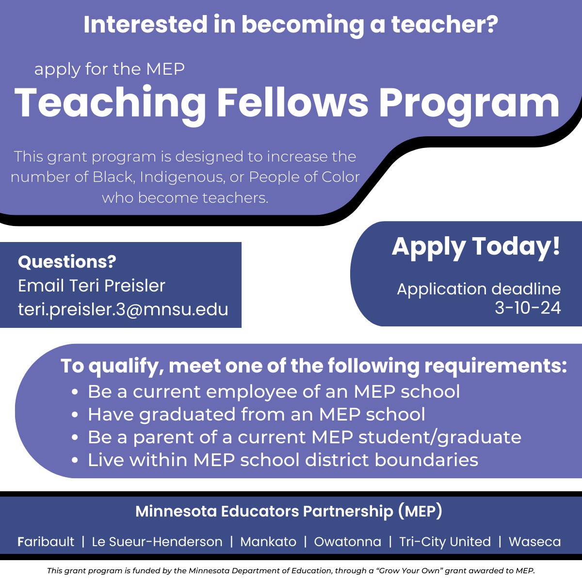 Owatonna761's tweet photo. Teaching Fellows Program is designed to increase number of Black, Indigenous or People of Color who become teachers. Receive annual stipend, advising support &amp; mentor teacher. https://t.co/wmbVUDYtCQ #OwatonnaProud https://t.co/Cm15pPO9Z4