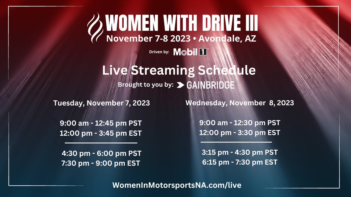 Here's our live-streaming schedule.  Thanks again, @GainbridgeSport!

#wwd3
#womeninmotorsportsna