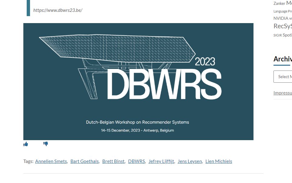 RecSys_c's tweet photo. Registration for #DBWRS -- the 1st Dutch-Belgian #RecSys Workshop -- is open, and the program is online, too. Seems like a really interesting event for the (European) #recsys community. Who knows what's coming next. A #RecSysDACH or #RecSysEU? :-)
https://t.co/j6uw4157qi https://t.co/6poOSOgGU1