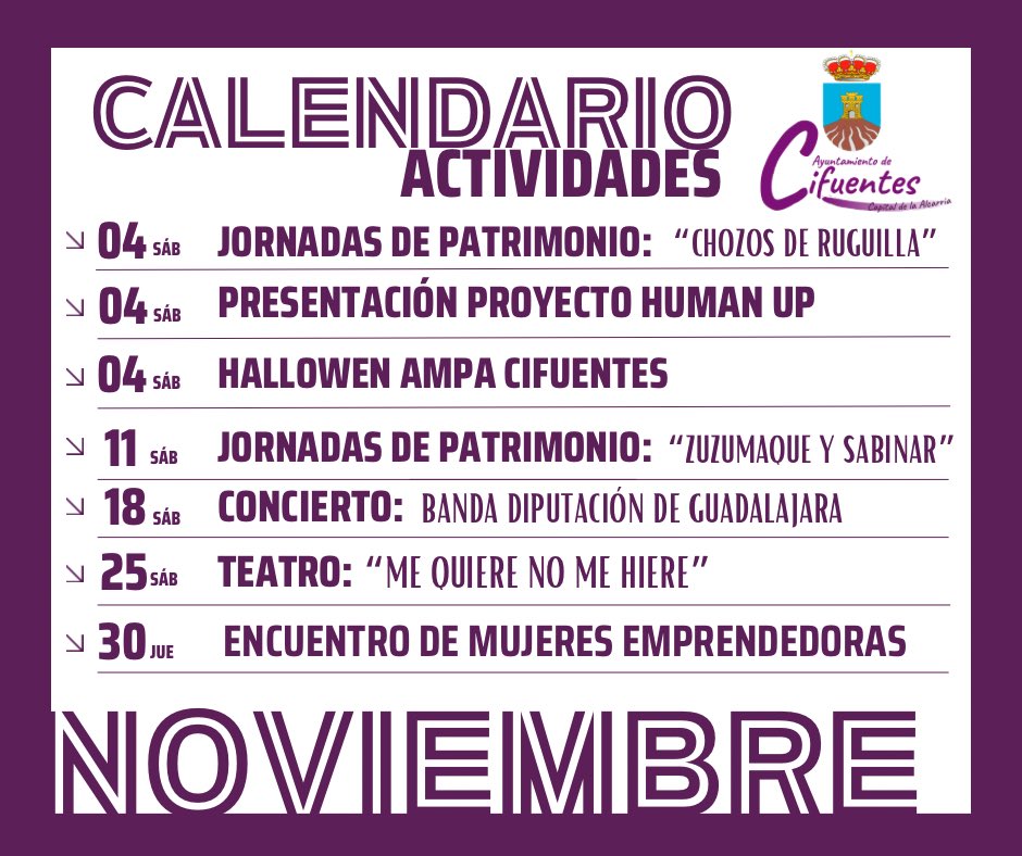 📣 𝗔𝗖𝗧𝗜𝗩𝗜𝗗𝗔𝗗𝗘𝗦 | NOVIEMBRE 

Noviembre continúa con gran variedad de actividades. 

Apúntate las fechas en el calendario y no dudes en venir!!! 

#Cifuentes