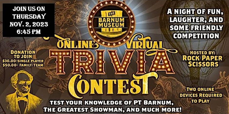 join us this Thursday for an online trivia contest celebrating the life of <a href="/BarnumMuseum/">The Barnum Museum</a> Amazing prizes to be one and family fun. eventbrite.com/e/pt-barnum-tr… #ptbarnum #thegreatestshowman #trivia
