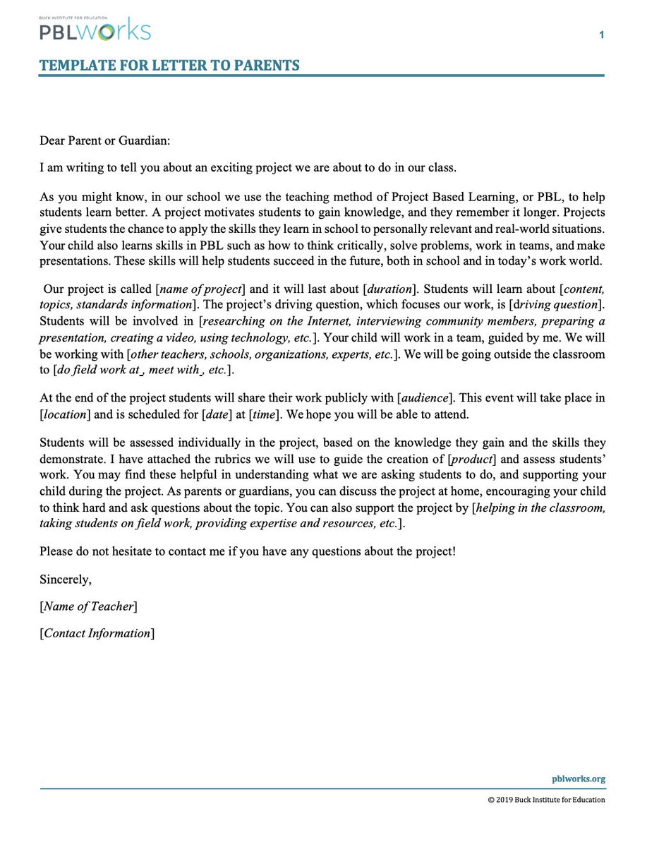 PBLWorks's tweet photo. This is an example of a letter sent by a teacher to families to inform them about a project. It explains what PBL is, details the project, addresses assessment issues, and tells parents about how they can be involved. https://t.co/7yc32JVrUk 

#PBL #edu #k12 https://t.co/sMNQkZih1g
