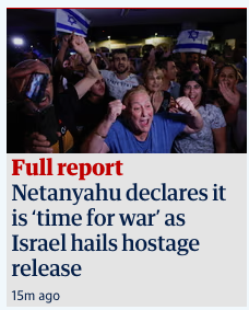 @guardian @guardiannews - you can do better than this. Putting a photo of people cheering immediately above 'Israel declares it is time for war' is clearly misleading, even if you state afterwards that Israel hails hostage release (which the picture is about).