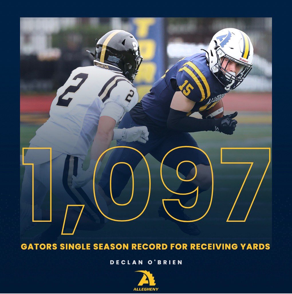 Allegheny Football (@alleghenyfb) on Twitter photo Congrats to <a href="/declanobrien_5/">Declan O'Brien</a> for breaking the record for receiving yards in a season!!
#GoGators🐊
#DeepWater Congrats to <a href="/declanobrien_5/">Declan O'Brien</a> for breaking the record for receiving yards in a season!!
#GoGators🐊
#DeepWater