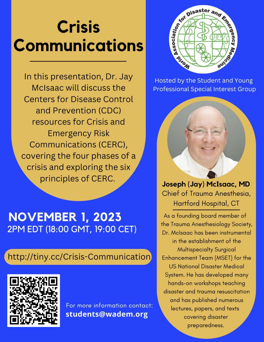 WADEM_PDM's tweet photo. Don't miss this week's online presentation - Crisis Communications. Dr. Jay Mcisaac will discuss CDC resources for Crisis and Emergency Risk Communications (CERC). To register, please visit - https://t.co/wEZj8FlmPN. This is a free event organized by the WADEM SYP-SIG. https://t.co/gjfXgtKxPO