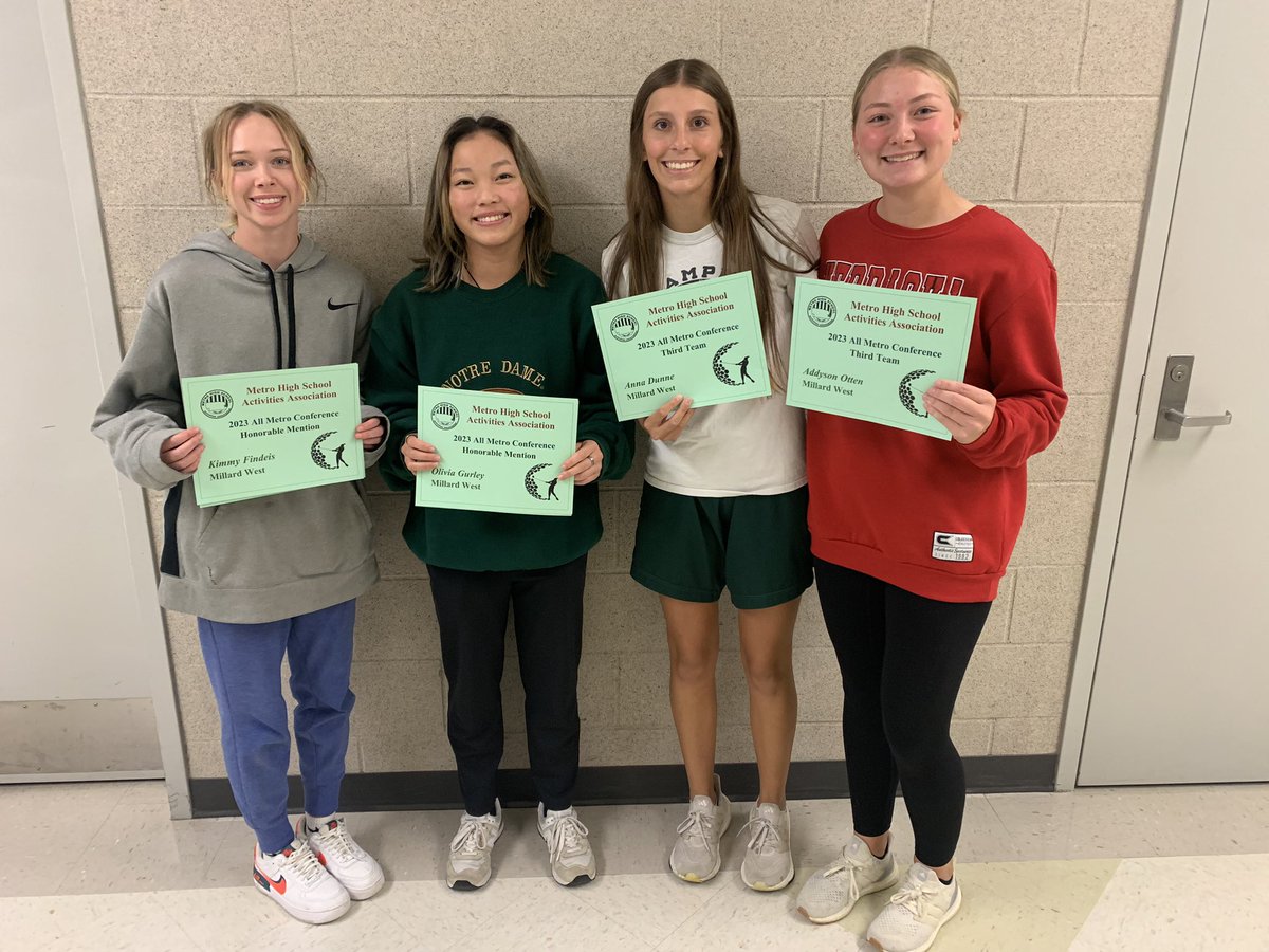 MWHS Girls Golf (@mwhsgirlsgolf) on Twitter photo Congratulations to the Metro All-Conference golfers. Kimmy Findeis Honorable Mention, Olivia Gurley Honorable Mention, Anna Dunne 3rd Team and Addyson Otten 3rd Team. Well done!! <a href="/MWHSactivities/">Millard West Activities</a> Congratulations to the Metro All-Conference golfers. Kimmy Findeis Honorable Mention, Olivia Gurley Honorable Mention, Anna Dunne 3rd Team and Addyson Otten 3rd Team. Well done!! <a href="/MWHSactivities/">Millard West Activities</a>