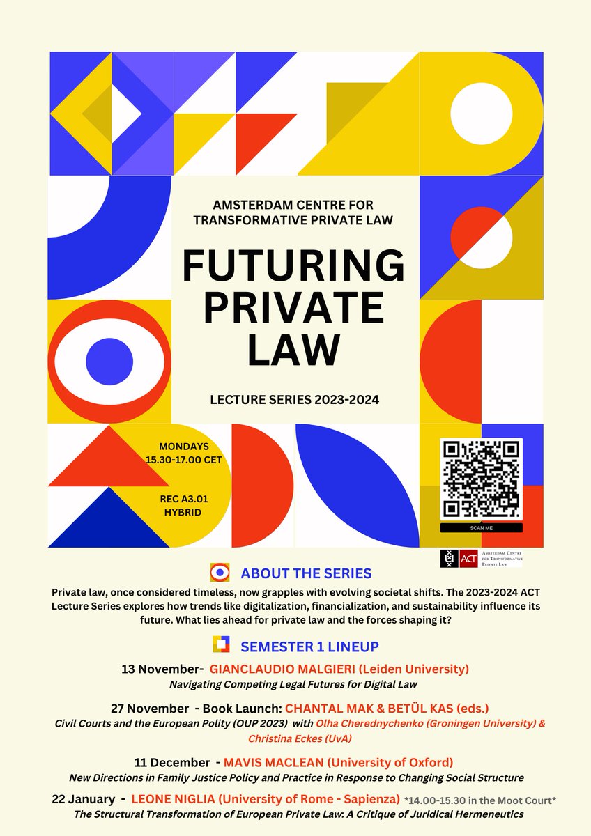 As the social functions of private law are in flux, also its basic notions, doctrines &amp; institutions are in continuous need of justification. 

What future do they generate?

Thrilled abt theme &amp; sem 1 lineup of our <a href="/act_privatelaw/">Amsterdam Centre for Transformative Private Law</a> Lecture Series

Details: act.uva.nl/content/news/2…