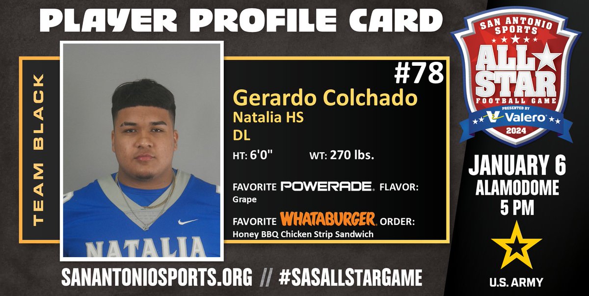 Meet @jerryisheem from <a href="/NataliaSports/">Natalia Athletics</a> who will compete in the San Antonio Sports All-Star Football Game pres. by <a href="/ValeroEnergy/">Valero</a> at the Alamodome on Jan. 6 @usarmysatx #SASAllStarGame <a href="/USArmy/">U.S. Army</a> #BeAllYouCanBe <a href="/POWERADE/">POWERADE</a> <a href="/Whataburger/">Whataburger®</a>

<a href="/NataliaISD/">Natalia ISD</a>
@Natalia_High
<a href="/NataliaBooster4/">Natalia Athletic Boosters</a>