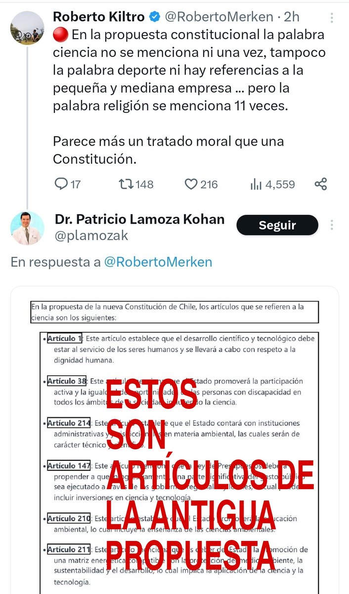 🔴 Ojo, tipos  como Dr. Patricio Lamoza Kohan están haciendo pasar artículos de la antigua propuesta constitucional como artículos de la constitución republicana para hacer creer que habla sobre ciencia.