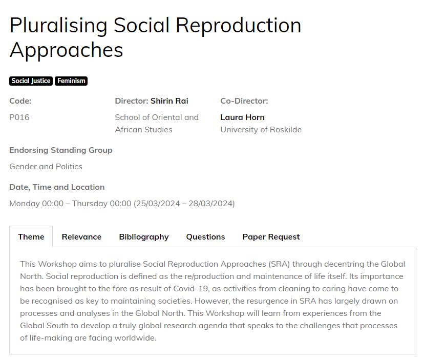 How does Social Reproduction account for experiences of life-making in global capitalism; why does it need pluralising?

Come join us for this #ecprjs24 workshop, 25-28 March 2024, Lüneburg, with Shirin Rai (<a href="/SOAS/">SOAS University of London</a>) + me, endorsed by <a href="/ECPR_Gender/">ECPR Standing Group on Gender and Politics</a> 
 
⏰ abstract DL 23/11, ⬇️details