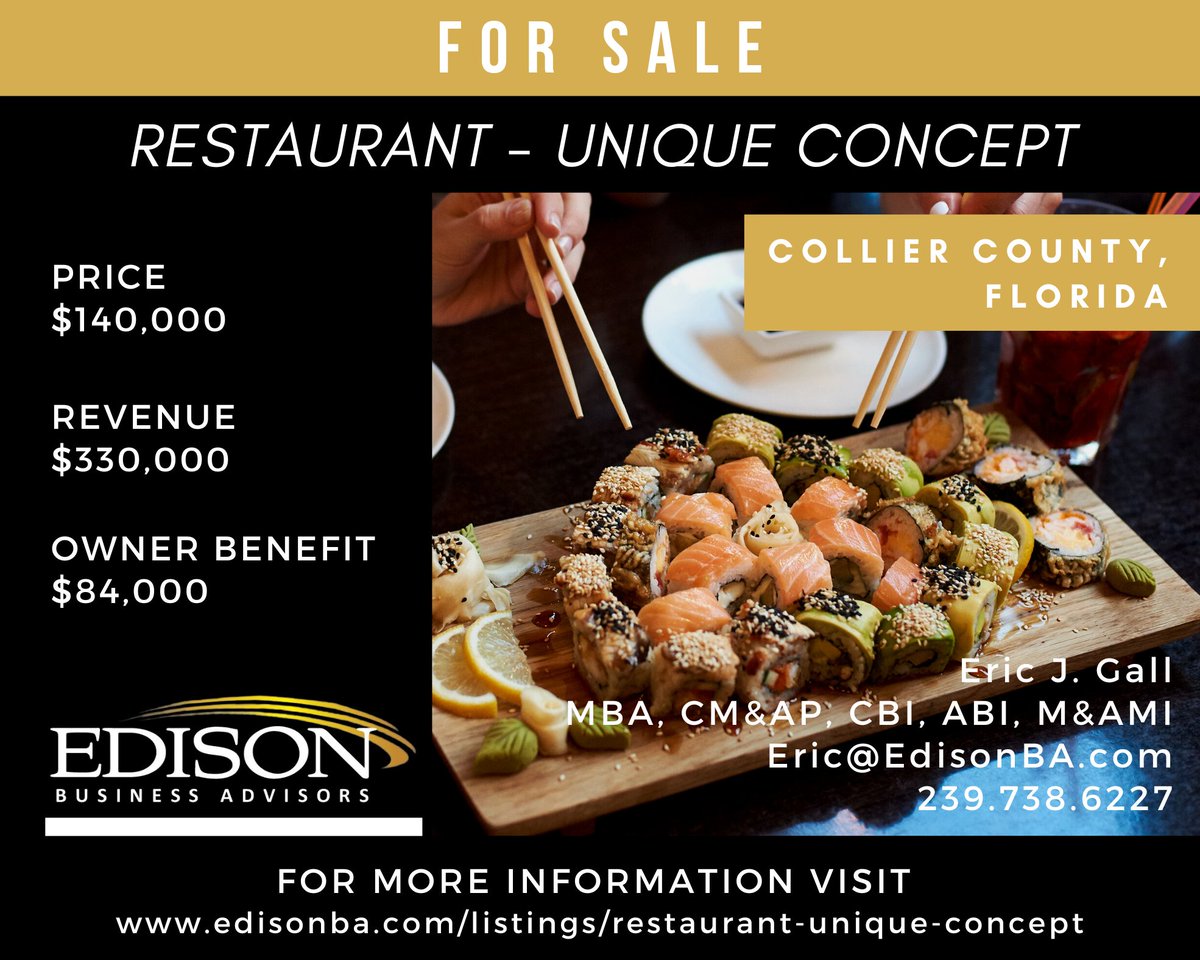 NEW LISTING: Restaurant with Unique Concept in Southwest Florida.  Contact Eric at 239.738.6227 or Eric@EdisonBA.com to learn more. #restaurantforsale #businessesforsale #buybusiness #swfl